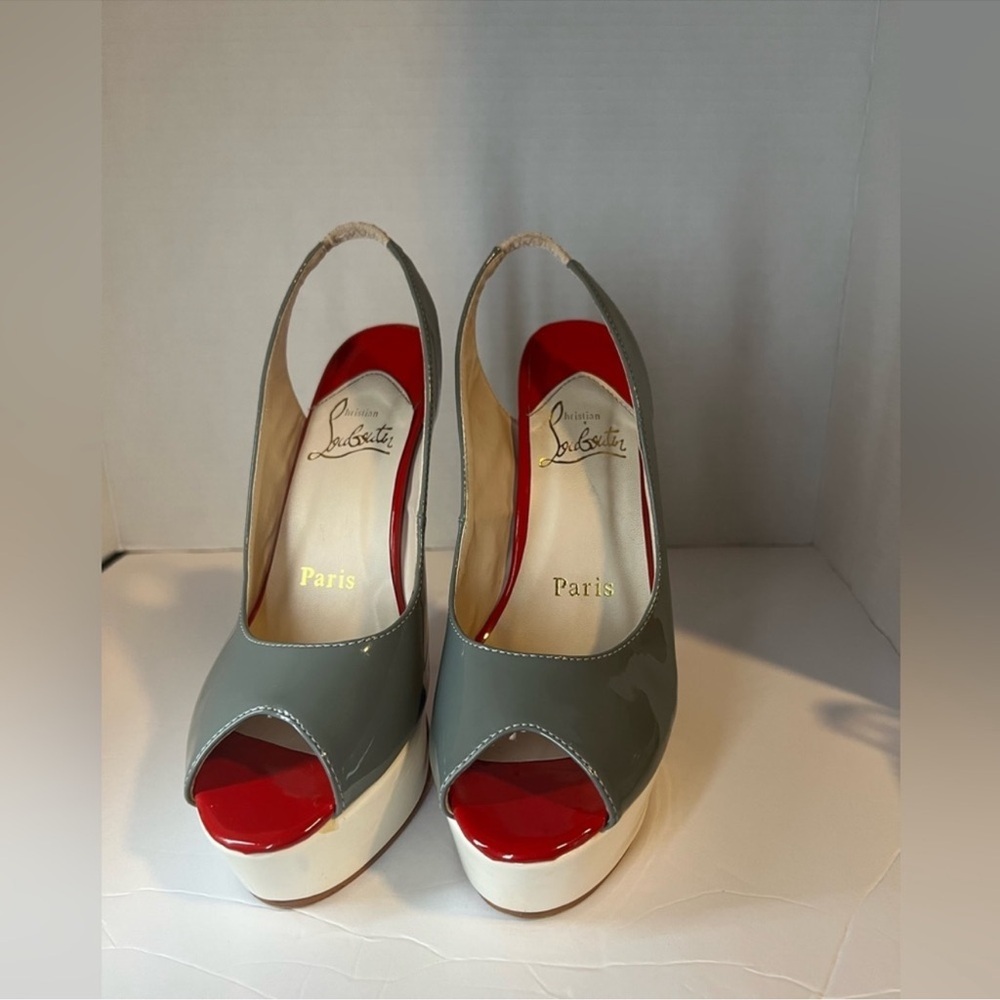 Christian Louboutin Grey Patent Peep-Toe Platform Slingbacks with Red Inset